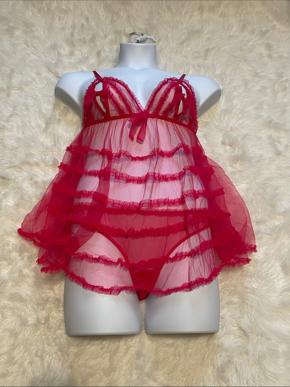 Victoria's Secret Ruffled Sheer Babydoll Chemise and V String Daring Red Large